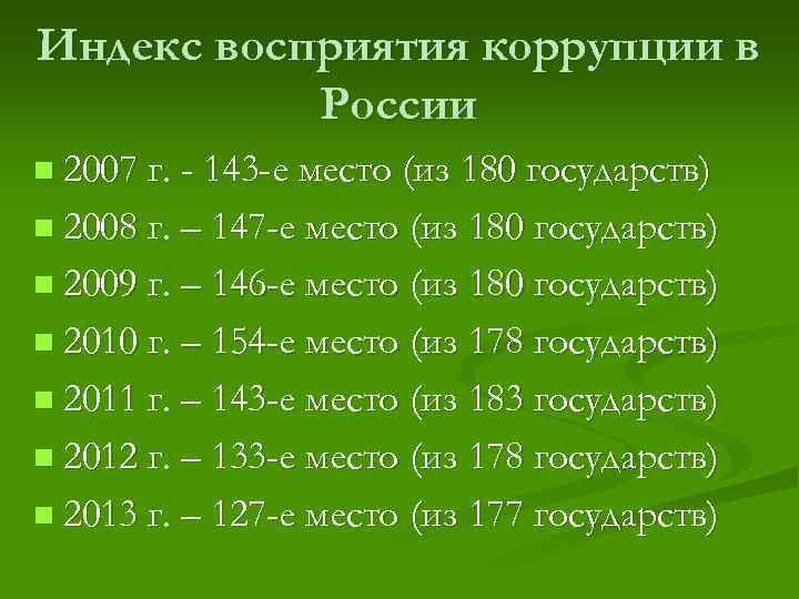 Индекс восприятия коррупции в России n 2007 г. - 143 -е место (из 180