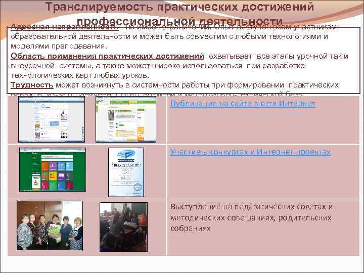 Транслируемость практических достижений профессиональной деятельности Адресная направленность - не имеет ограничений. Опыт доступен всем