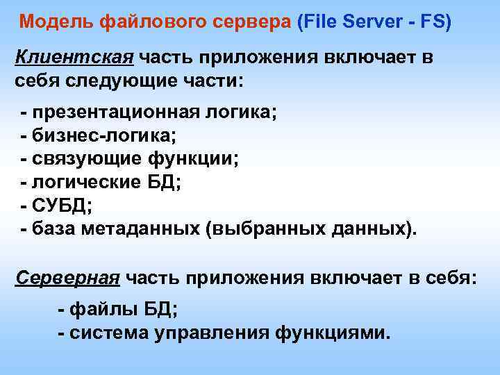 Модель файлового сервера (File Server - FS) Клиентская часть приложения включает в себя следующие