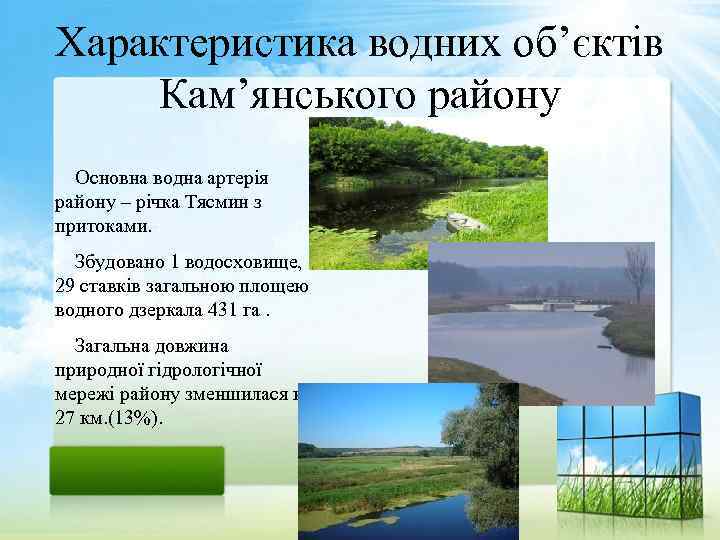 Характеристика водних об’єктів Кам’янського району Основна водна артерія району – річка Тясмин з притоками.