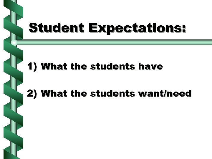 Student Expectations: 1) What the students have 2) What the students want/need 