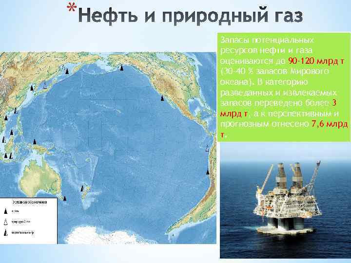 * Запасы потенциальных ресурсов нефти и газа оцениваются до 90– 120 млрд т (30–