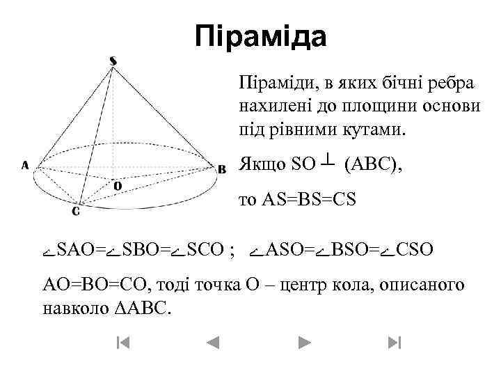 Піраміда Піраміди, в яких бічні ребра нахилені до площини основи під рівними кутами. Якщо