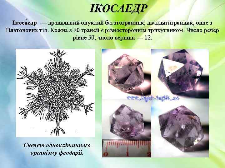ІКОСАЕДР Ікоса едр — правильний опуклий багатогранник, двадцятигранник, одне з Платонових тіл. Кожна з