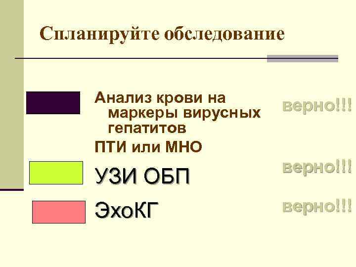 Спланируйте обследование Анализ крови на маркеры вирусных гепатитов ПТИ или МНО верно!!! УЗИ ОБП