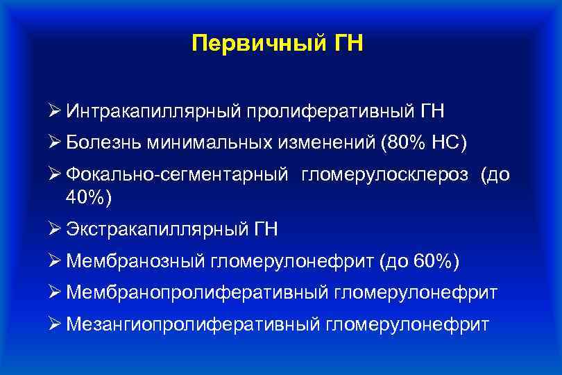 Первичный ГН Ø Интракапиллярный пролиферативный ГН Ø Болезнь минимальных изменений (80% НС) Ø Фокально-сегментарный