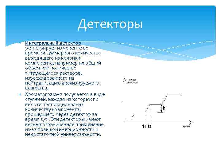 Детекторы Интегральный детектор – регистрирует изменение во времени суммарного количества выходящего из колонки компонента,