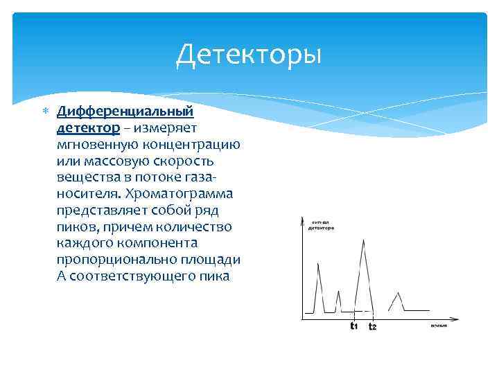 Детекторы Дифференциальный детектор – измеряет мгновенную концентрацию или массовую скорость вещества в потоке газаносителя.