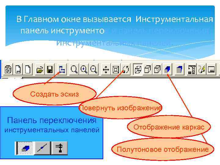 В Главном окне вызывается Инструментальная панель инструментов и панель переключения Инструментальных панелей. Создать эскиз