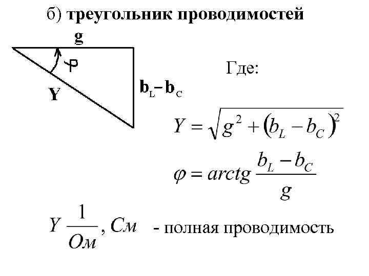 б) треугольник проводимостей Где: - полная проводимость 