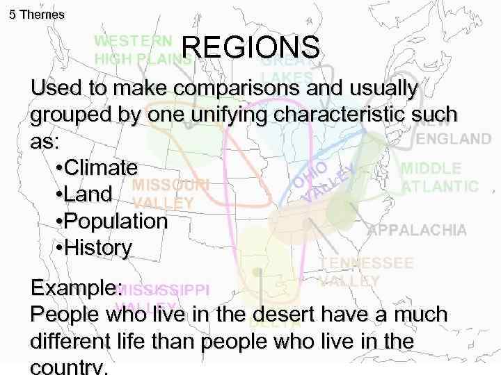 5 Themes REGIONS Used to make comparisons and usually grouped by one unifying characteristic