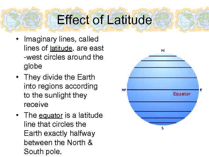 Effect of Latitude • Imaginary lines, called lines of latitude, are east -west circles
