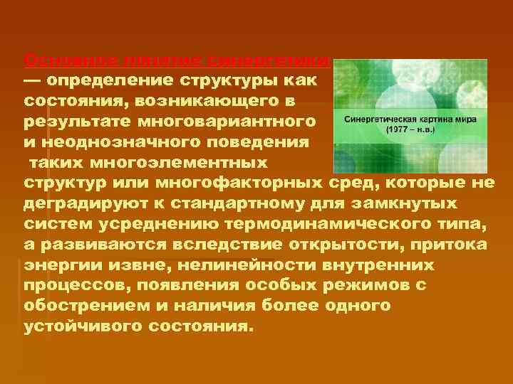 Основное понятие синергетики — определение структуры как состояния, возникающего в результате многовариантного и неоднозначного