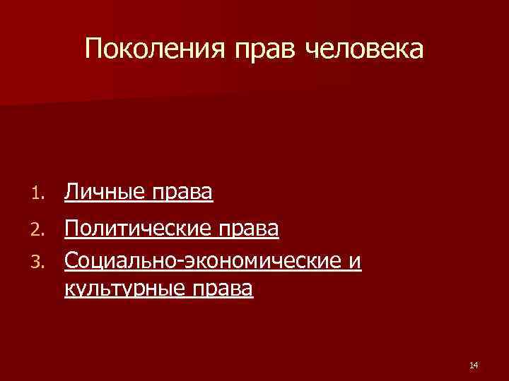Поколения прав человека 1. Личные права Политические права 3. Социально-экономические и культурные права 2.