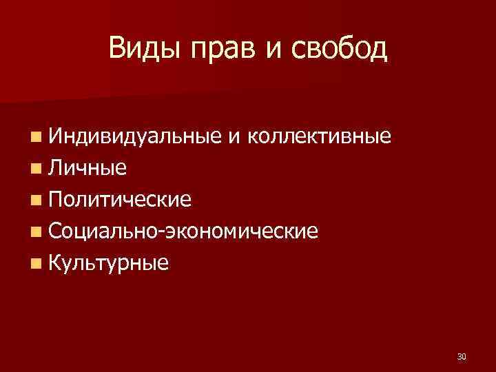 Виды прав и свобод n Индивидуальные и коллективные n Личные n Политические n Социально-экономические