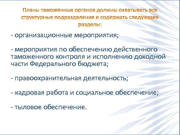  организационные мероприятия; мероприятия по обеспечению действенного таможенного контроля и исполнению доходной части Федерального