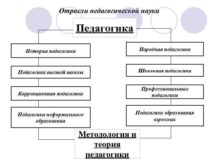 Отрасли педагогической науки Педагогика История педагогики Народная педагогика Педагогика высшей школы Школьная педагогика Коррекционная