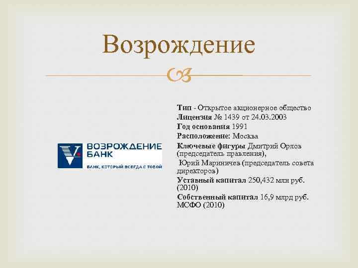 Возрождение Тип - Открытое акционерное общество Лицензия № 1439 от 24. 03. 2003 Год