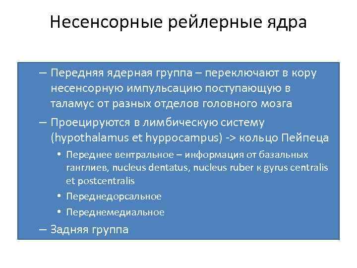 Несенсорные рейлерные ядра – Передняя ядерная группа – переключают в кору несенсорную импульсацию поступающую