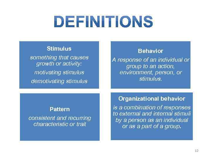 Stimulus something that causes growth or activity: motivating stimulus demotivating stimulus Pattern consistent and