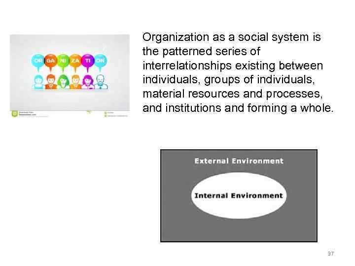 Organization as a social system is the patterned series of interrelationships existing between individuals,