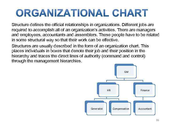 Structure defines the official relationships in organizations. Different jobs are required to accomplish all