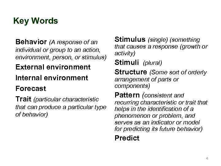 Key Words Behavior (A response of an individual or group to an action, environment,