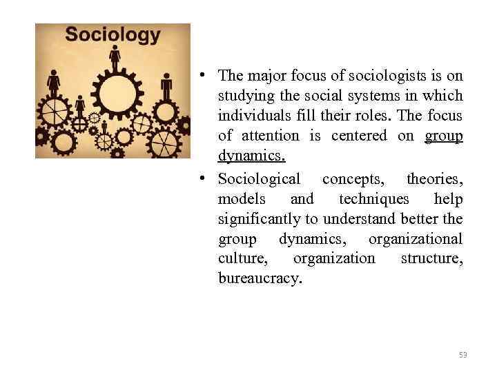  • The major focus of sociologists is on studying the social systems in