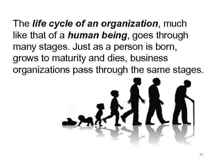 The life cycle of an organization, much like that of a human being, goes