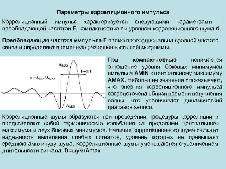 Параметры корреляционного импульса Корреляционный импульс характеризуется следующими параметрами – преобладающей частотой F, компактностью r