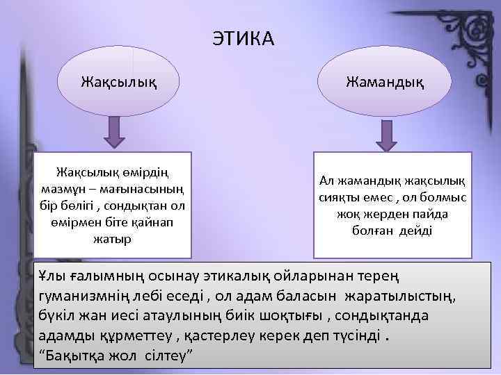 ЭТИКА Жақсылық өмірдің мазмұн – мағынасының бір бөлігі , сондықтан ол өмірмен біте қайнап