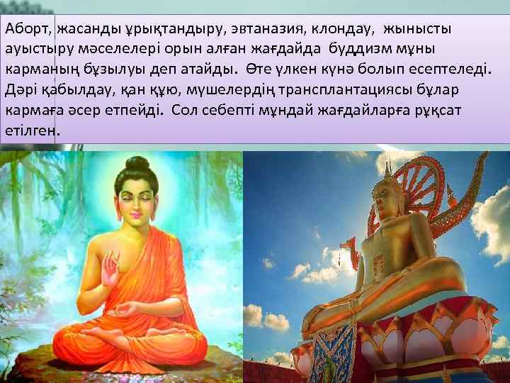 Аборт, жасанды ұрықтандыру, эвтаназия, клондау, жынысты ауыстыру мәселелері орын алған жағдайда буддизм мұны карманың