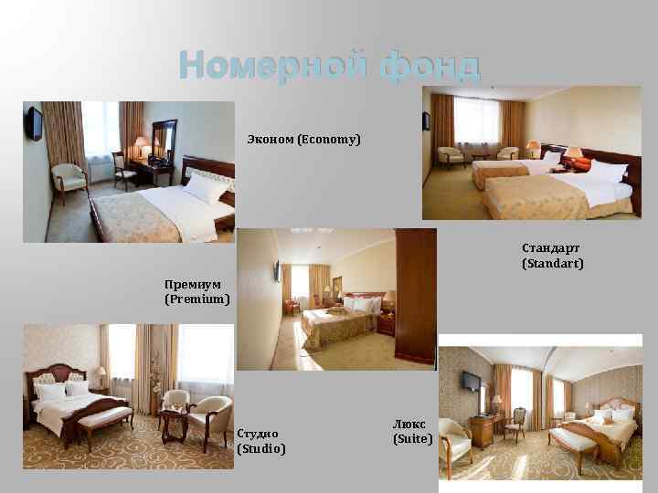 Номерной фонд Эконом (Economy) Стандарт (Standart) Премиум (Premium) Студио (Studio) Люкс (Suite) 