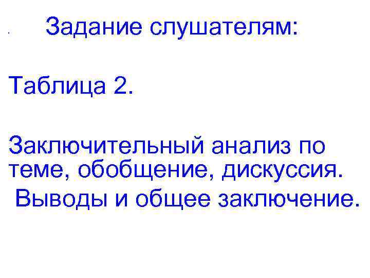  • Задание слушателям: Таблица 2. Заключительный анализ по теме, обобщение, дискуссия. Выводы и