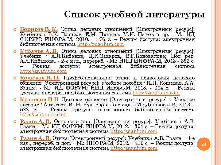 Список учебной литературы Борисов В. К. Этика деловых отношений [Электронный ресурс]: Учебник / В.