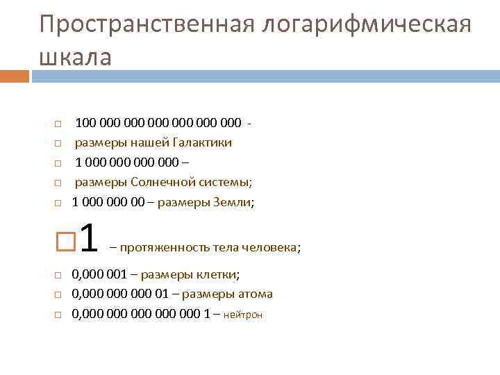 Пространственная логарифмическая шкала 100 000 000 000 размеры нашей Галактики 1 000 000 –