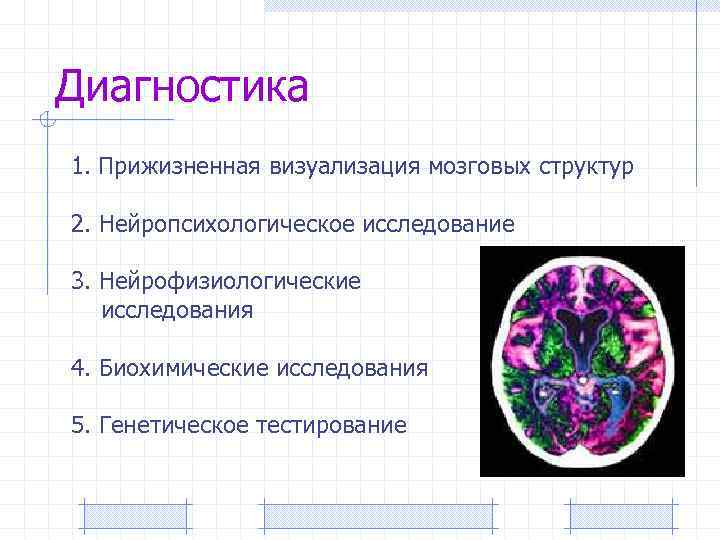 Диагностика 1. Прижизненная визуализация мозговых структур 2. Нейропсихологическое исследование 3. Нейрофизиологические исследования 4. Биохимические