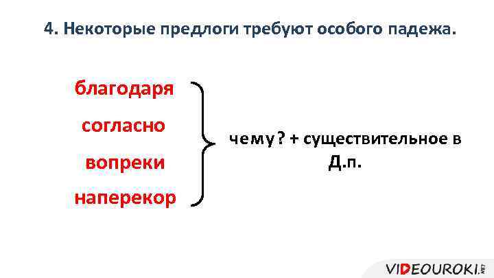 4. Некоторые предлоги требуют особого падежа. благодаря согласно вопреки наперекор чему? + существительное в