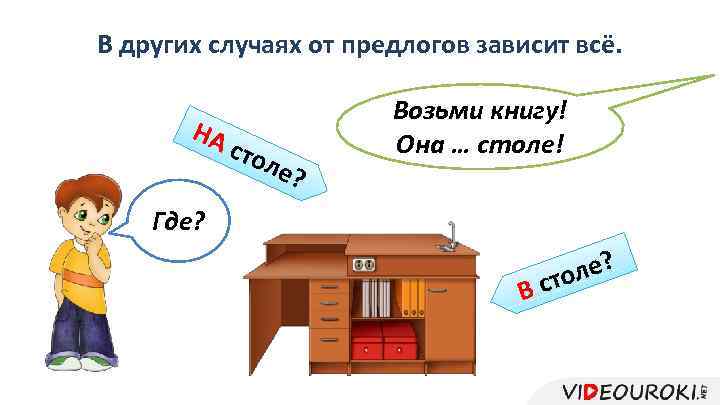 В других случаях от предлогов зависит всё. НА сто ле? Возьми книгу! Она …