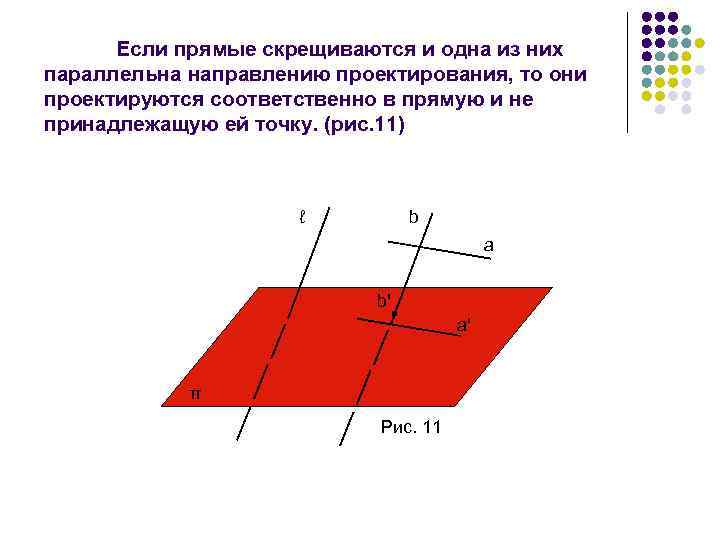 Если прямые скрещиваются и одна из них параллельна направлению проектирования, то они проектируются соответственно