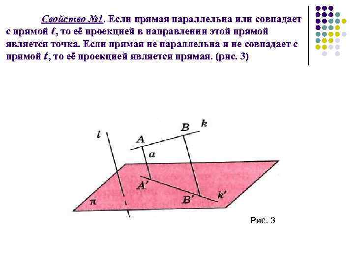 Свойство № 1. Если прямая параллельна или совпадает с прямой ℓ, то её проекцией