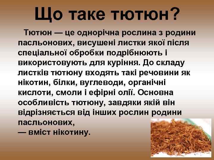 Що таке тютюн? Тютюн — це однорічна рослина з родини пасльонових, висушені листки якої