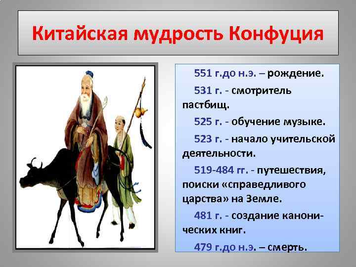 Китайская мудрость Конфуция 551 г. до н. э. – рождение. 531 г. - смотритель