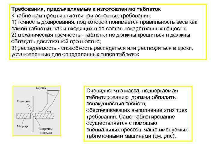 Требования, предъявляемые к изготовлению таблеток К таблеткам предъявляются три основных требования: 1) точность дозирования,
