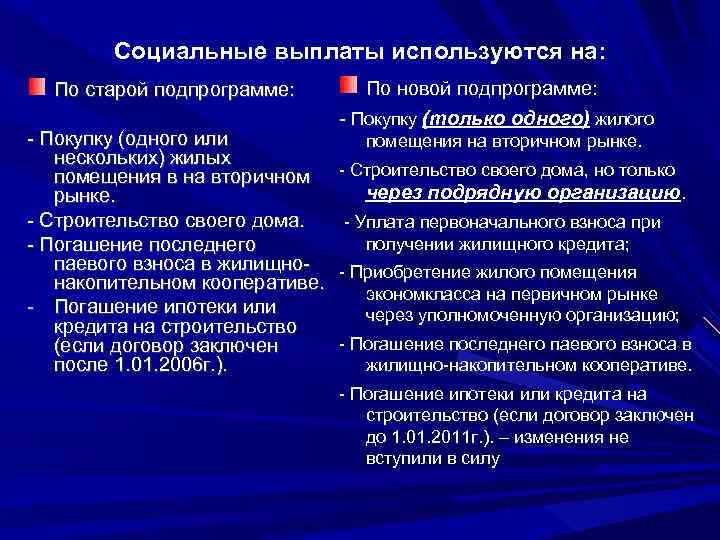 Социальные выплаты используются на: По старой подпрограмме: - Покупку (одного или нескольких) жилых помещения