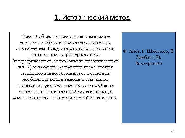 1. Исторический метод Каждый объект исследования в экономике уникален и обладает только ему присущим