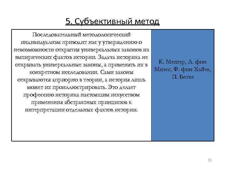 5. Субъективный метод Последовательный методологический индивидуализм приводит нас у утверждению о невозможности открытия универсальных