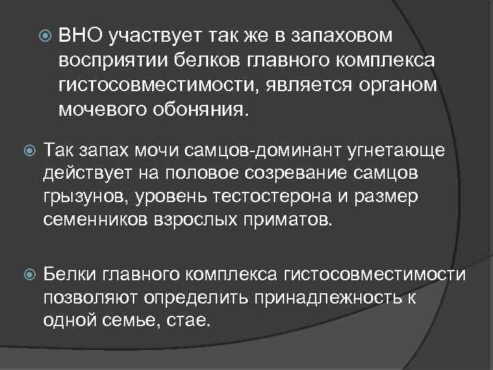  ВНО участвует так же в запаховом восприятии белков главного комплекса гистосовместимости, является органом