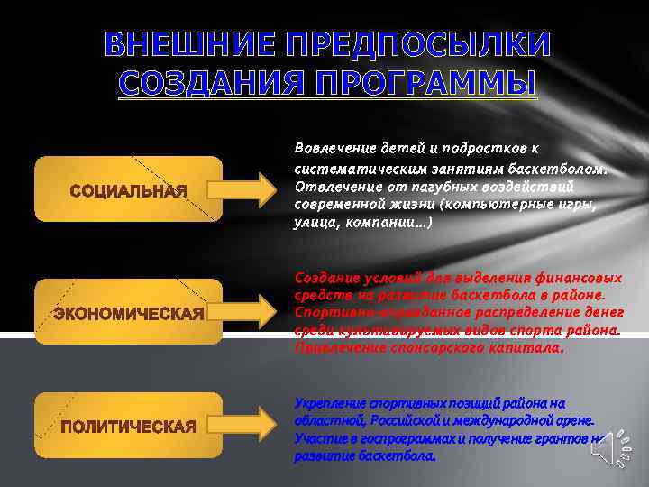 ВНЕШНИЕ ПРЕДПОСЫЛКИ СОЗДАНИЯ ПРОГРАММЫ Вовлечение детей и подростков к систематическим занятиям баскетболом. Отвлечение от