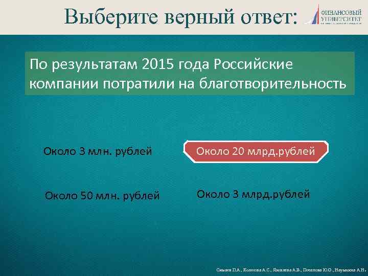 Выберите верный ответ: По результатам 2015 года Российские компании потратили на благотворительность Около 3